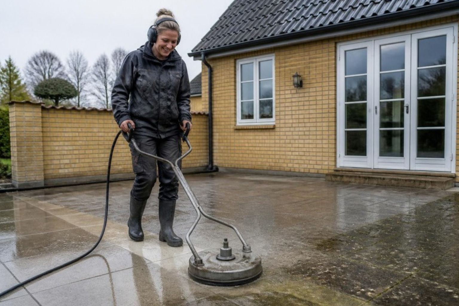 Smilende kvinde renser en stor flisebelægning med en fladerenser foran et gult murstenshus